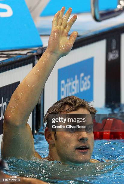 Liam Tancock of Loughborough University S & WPC celebrates winning the Men's 100m Backstroke Final during day three of the British Gas Swimming...