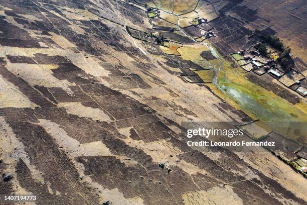 Aerial view of potato plots in the Peruvian Andes after harvest on June 22, 2022 in Pisac, Peru. The Potato Park is a unique seed bank located in the...