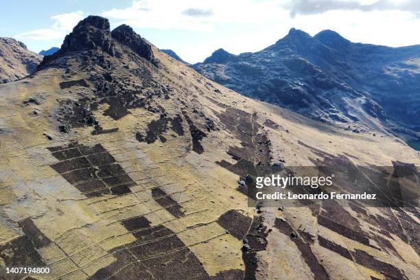 Aerial view of potato plot in the Peruvian Andes after harvest on June 22, 2022 in Pisac, Peru. The Potato Park is a unique seed bank located in the...