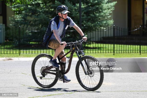 Joe DiRisi, American molecular biologist, rides a bike during the Allen & Company Sun Valley Conference on July 06, 2022 in Sun Valley, Idaho. The...