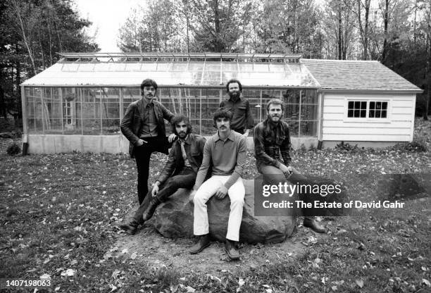 Guitarist Robbie Robertson, pianist Richard Manual ,vocalist and bassist Rick Danko , keyboardist Garth Hudson and drummer Levon Helm , of the...