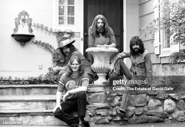 Drummer Gene Parsons, bassist Skip Battin , guitarist Clarence White and musician Roger McGuinn, of the American rock band The Byrds, pose for a...