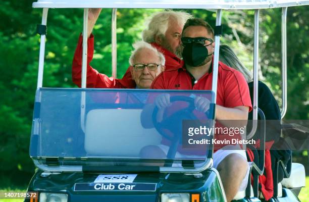 Warren Buffett, CEO of Berkshire Hathaway, rides in a golf cart during the Allen & Company Sun Valley Conference on July 06, 2022 in Sun Valley,...