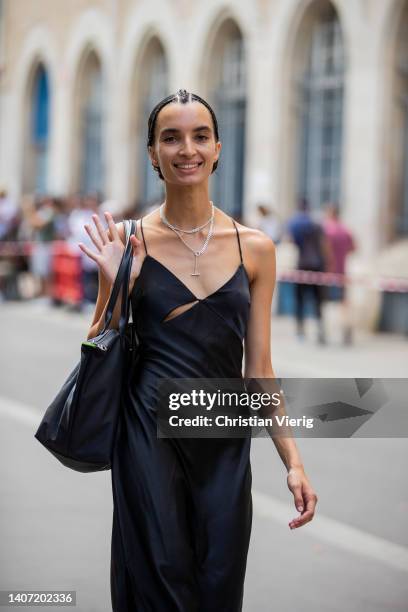 Model seen outside Elie Saab during Paris Fashion Week - Haute Couture Fall Winter 2022 2023 : Day Three on July 06, 2022 in Paris, France.