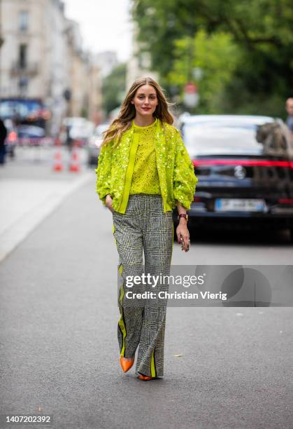 Olivia Palermo seen wearing green yellow jacket, jumper, grey pants, orange heels outside Elie Saab during Paris Fashion Week - Haute Couture Fall...