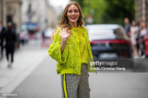 Olivia Palermo seen wearing green yellow jacket, jumper, grey pants, orange heels outside Elie Saab during Paris Fashion Week - Haute Couture Fall...