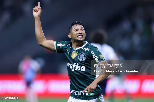 Rony of Palmeiras celebrates after scoring his team's fifth goal during a Copa Libertadores round of sixteen second leg match between Palmeiras and...