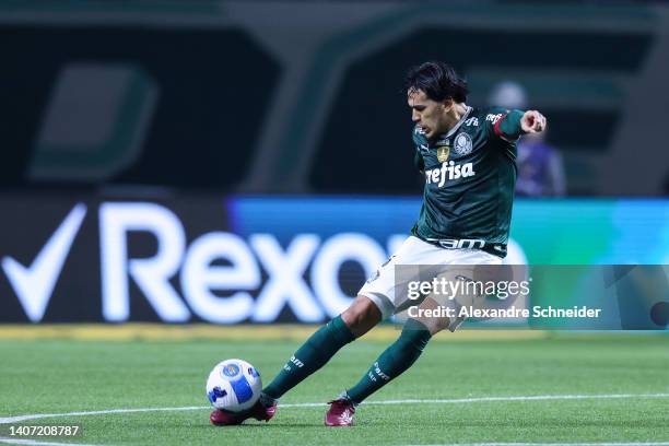 Gustavo Gomez of Palmeiras kicks the ball during a Copa Libertadores round of sixteen second leg match between Palmeiras and Cerro Porteño at Allianz...