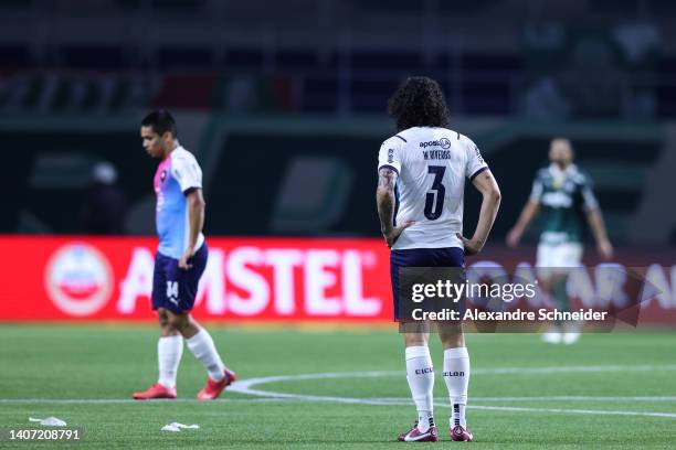 William Riveros of Cerro Porteño reacts after a defeat in a Copa Libertadores round of sixteen second leg match between Palmeiras and Cerro Porteño...