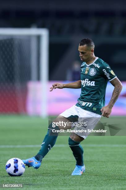 Breno Lopes of Palmeiras drives the ballduring a Copa Libertadores round of sixteen second leg match between Palmeiras and Cerro Porteño at Allianz...