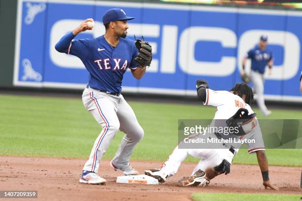 Marcus Semien of the Texas Rangers forces out Cedric Mullins of the Baltimore Orioles on a fielders choice in the firs tinning during a baseball game...