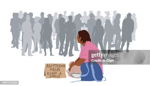 stockillustraties, clipart, cartoons en iconen met homeless man on street in a crowd pink - eenzaamheid