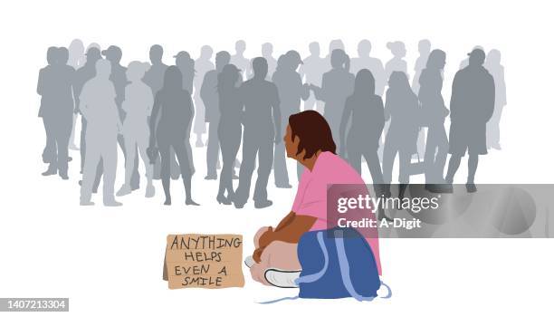 homeless man on street in a crowd pink - begging social issue stock illustrations