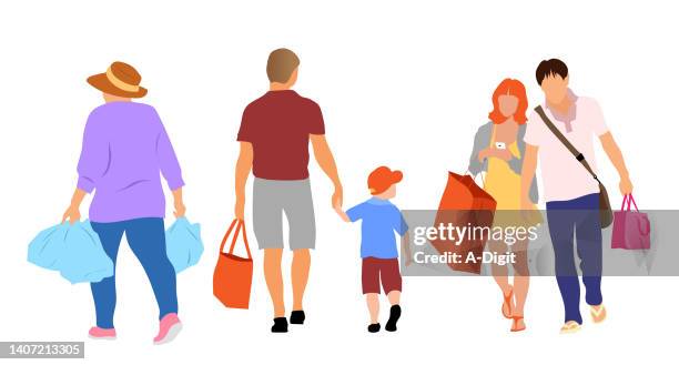 stockillustraties, clipart, cartoons en iconen met farmer's market lady with shoppers - voetganger