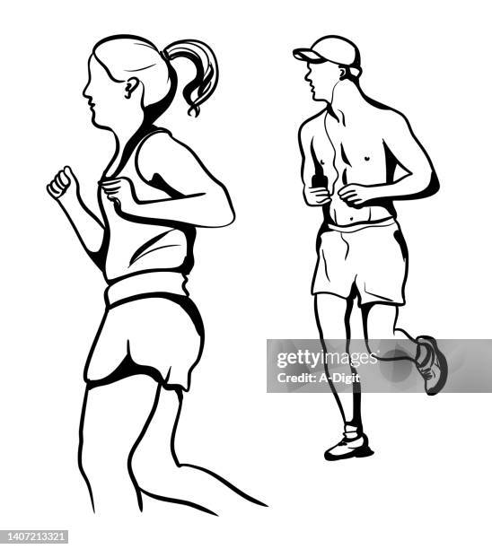 jogging couple ink - high contrast athlete stock illustrations