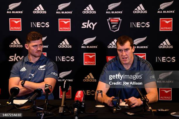 Dalton Papalii and Brodie Retallick answer questions from the media during a New Zealand All Blacks Press Conference at the Distinction Hotel on July...