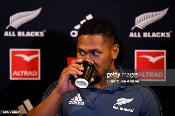 Folau Fakatava drinks a coffee during a New Zealand All Blacks Press Conference at the Distinction Hotel on July 07, 2022 in Dunedin, New Zealand.