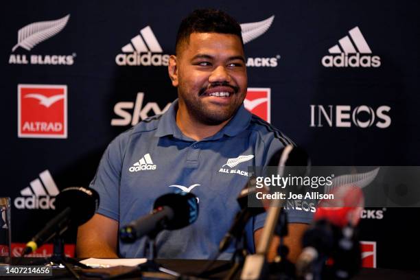 Samisoni Taukei’aho answers questions from the media during a New Zealand All Blacks Press Conference at the Distinction Hotel on July 07, 2022 in...