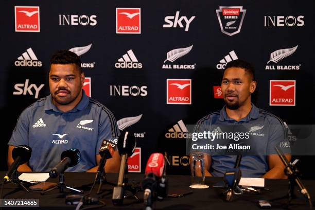 Samisoni Taukei’aho and Folau Fakatava answer questions from the media during a New Zealand All Blacks Press Conference at the Distinction Hotel on...