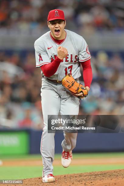 Shohei Ohtani of the Los Angeles Angels celebrates a strikeout during the seventh inning against the Miami Marlins at loanDepot park on July 06, 2022...