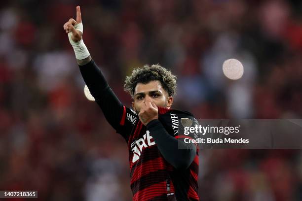 Gabriel Barbosa of Flamengo celebrates after scoring the fourth goal of his team during a Copa Libertadores round of sixteen second leg match between...