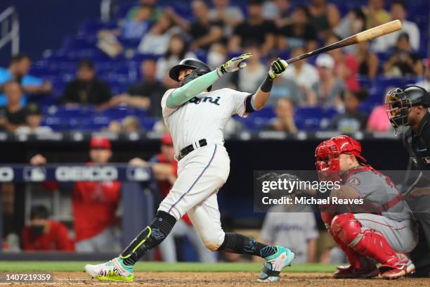 Miguel Rojas of the Miami Marlins flies out during the ninth inning against the Los Angeles Angels at loanDepot park on July 06, 2022 in Miami,...