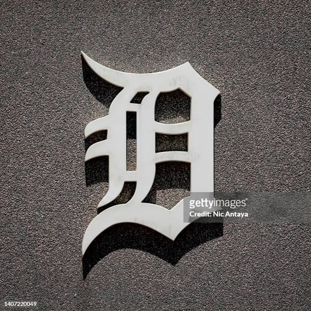 The Detroit Tigers logo is pictured before the game against the Cleveland Guardians at Comerica Park on July 04, 2022 in Detroit, Michigan.