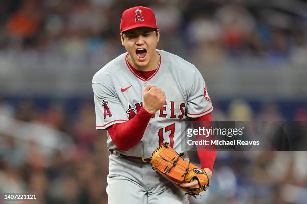 Shohei Ohtani of the Los Angeles Angels celebrates a strikeout during the seventh inning against the Miami Marlins at loanDepot park on July 06, 2022...