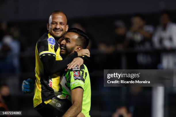 Marlon Fernandez of Deportivo Tachira celebrate with Cristopher Varela of Deportivo Tachira after winning the Copa CONMEBOL Sudamericana 2022 round...