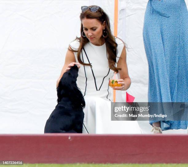 Catherine, Duchess of Cambridge, with her dog 'Orla', attends the Out-Sourcing Inc. Royal Charity Polo Cup at Guards Polo Club, Flemish Farm on July...