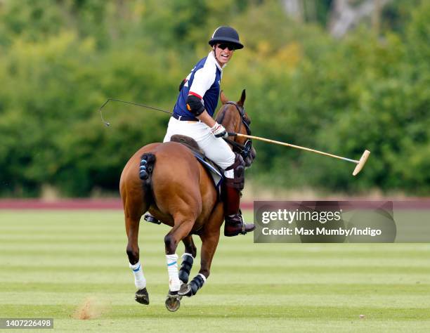 Prince William, Duke of Cambridge plays in the Out-Sourcing Inc. Royal Charity Polo Cup at Guards Polo Club, Flemish Farm on July 6, 2022 in Windsor,...