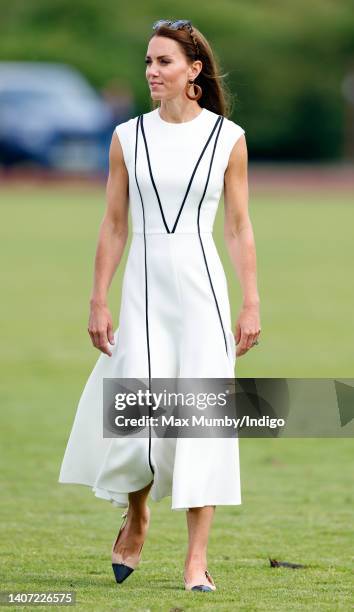 Catherine, Duchess of Cambridge attends the Out-Sourcing Inc. Royal Charity Polo Cup at Guards Polo Club, Flemish Farm on July 6, 2022 in Windsor,...