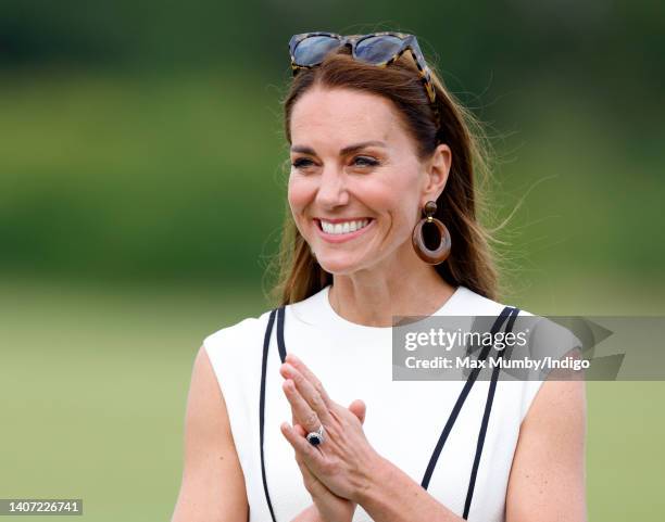 Catherine, Duchess of Cambridge attends the Out-Sourcing Inc. Royal Charity Polo Cup at Guards Polo Club, Flemish Farm on July 6, 2022 in Windsor,...