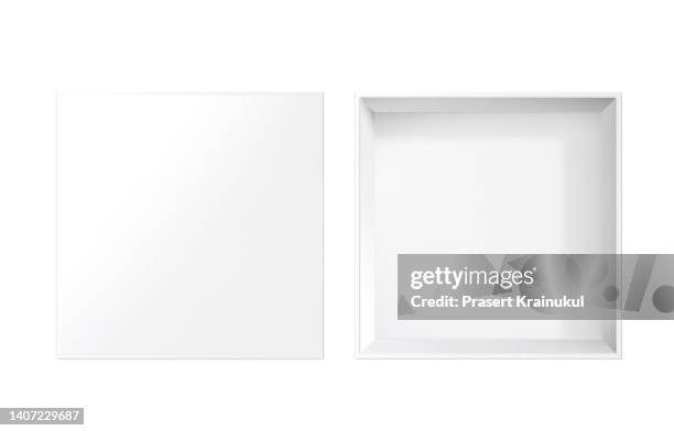 mockup square cardboard packaging boxes isolated on white background - white box packaging stock pictures, royalty-free photos & images