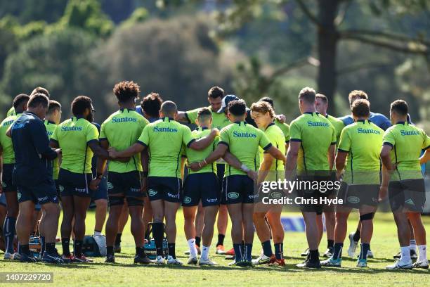 Team huddle during an Australia Wallabies training session at RACV Royal Pines at on July 07, 2022 in Gold Coast, Australia.