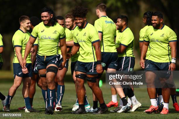 Rob Leota and Rob Valetini during an Australia Wallabies training session at RACV Royal Pines at on July 07, 2022 in Gold Coast, Australia.