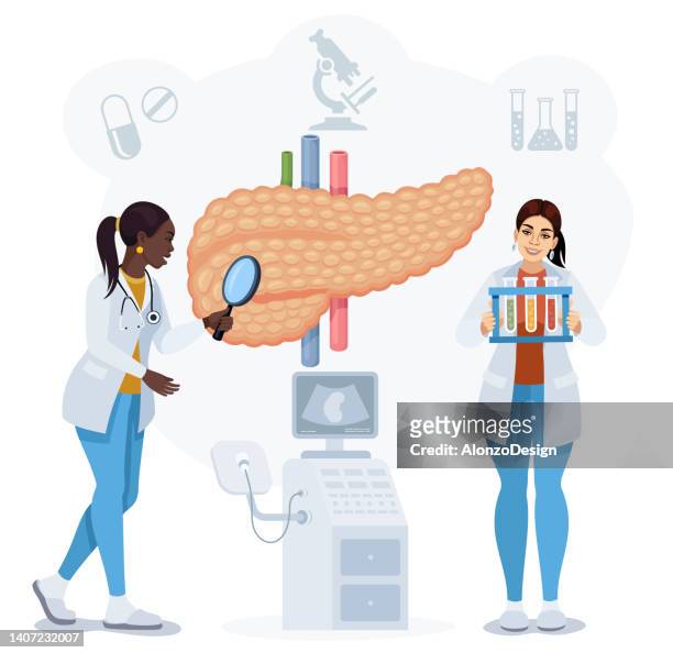 ilustrações de stock, clip art, desenhos animados e ícones de doctors checking pancreas. - bílis
