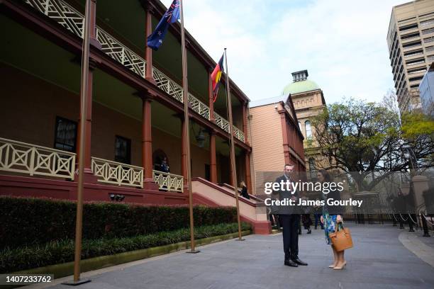 Premier Dominic Perrottet greeting New Zealand Prime Minister Jacinda Ardern in front of the NSW Parliament Building on July 07, 2022 in Sydney,...
