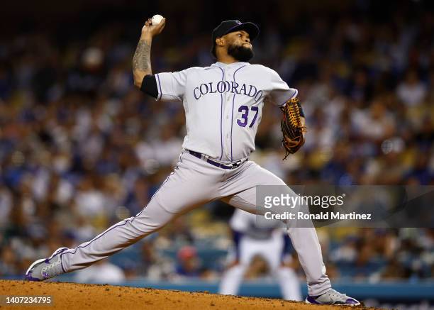 Alex Colome of the Colorado Rockies throws against the Los Angeles Dodgers in the eighth inning at Dodger Stadium on July 06, 2022 in Los Angeles,...