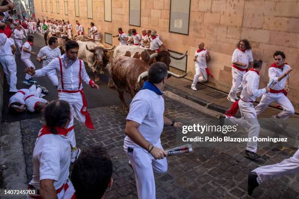 Revellers run with El Capea and Nuñez del Cuvillo's fighting bulls during the second day of the San Fermin Running of the Bulls festival on July 07,...