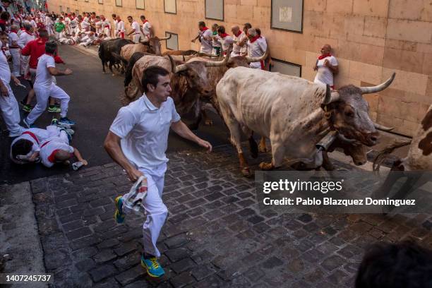 Revellers run with El Capea and Nuñez del Cuvillo's fighting bulls during the second day of the San Fermin Running of the Bulls festival on July 07,...