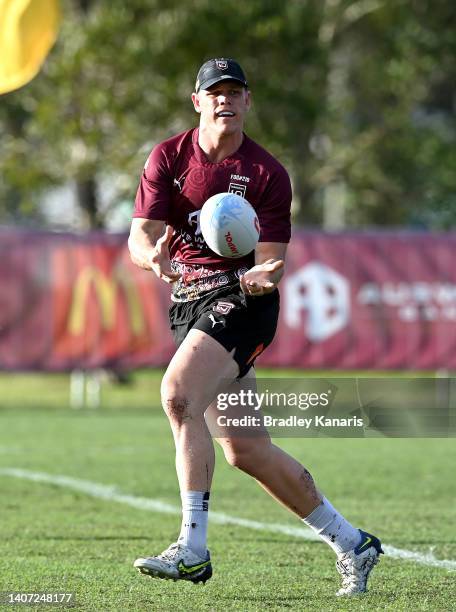 Lindsay Collins passes the ball during a Queensland Maroons State of Origin training session at Sanctuary Cove on July 07, 2022 in Gold Coast,...