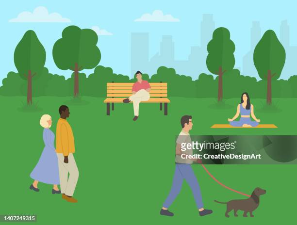 stockillustraties, clipart, cartoons en iconen met summer outdoor activities in park. man sitting on bench, young woman meditating and romantic couple walking. - bank cartoon