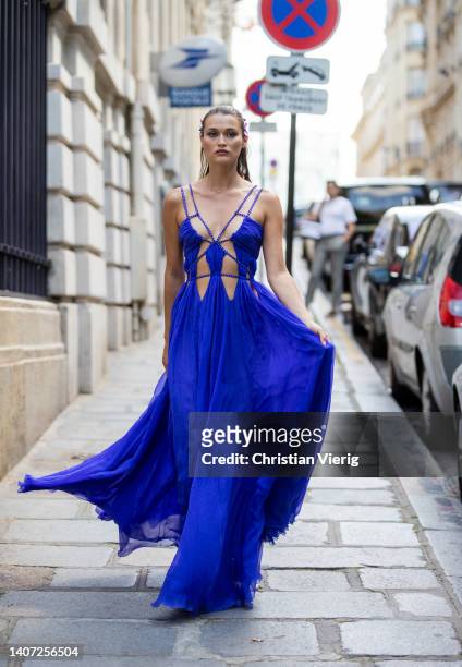 Chloe Lecaruex seen wearing blue sheer dress, hair jewellery outside Zuhair Murad during Paris Fashion Week - Haute Couture Fall Winter 2022 2023 :...