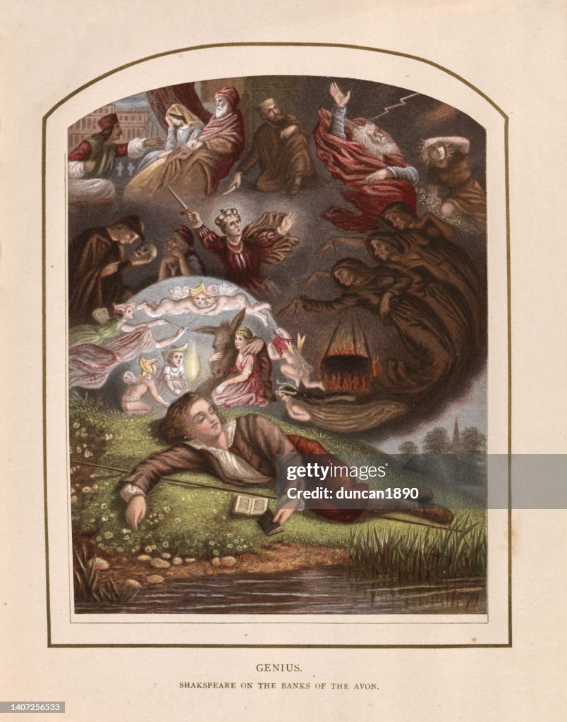 William Shakespeare as a boy dreaming scene from his plays on the banks of the Avon, Genius