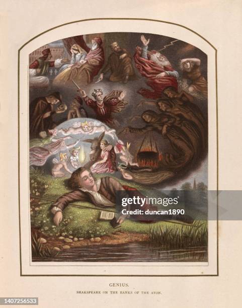 william shakespeare as a boy dreaming scene from his plays on the banks of the avon, genius - william shakespeare stock illustrations