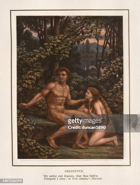 adam and eve in the garden of eden, vintage art picture, obedience to god - temptation of eve stock illustrations