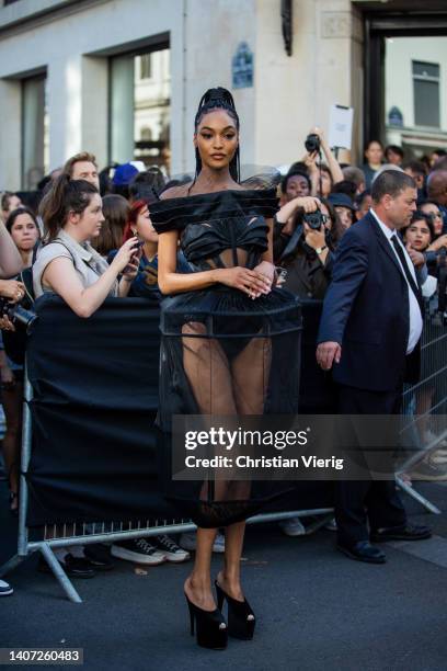 Jourdan Dunn is seen wearing black sheer dress outside Jean Paul Gaultier during Paris Fashion Week - Haute Couture Fall Winter 2022 2023 - Day Three...