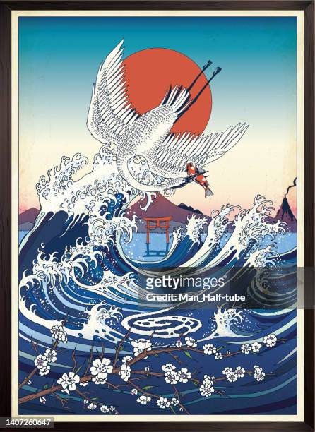 illustrations, cliparts, dessins animés et icônes de grande vague, illustration de style japonais - vintage illustration