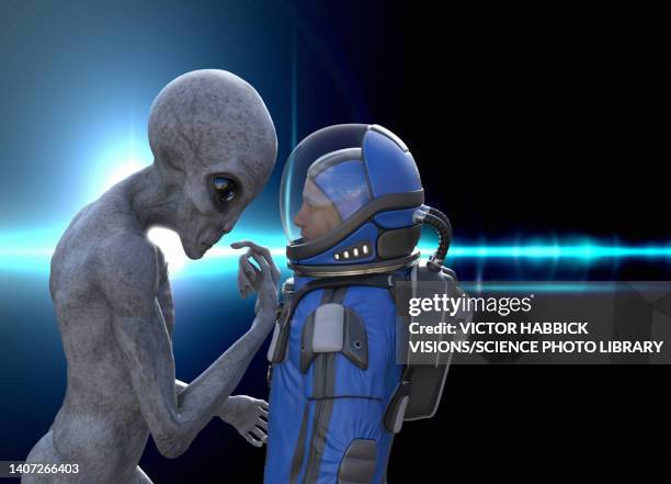 astronaut meeting an alien, illustration - alien stock illustrations